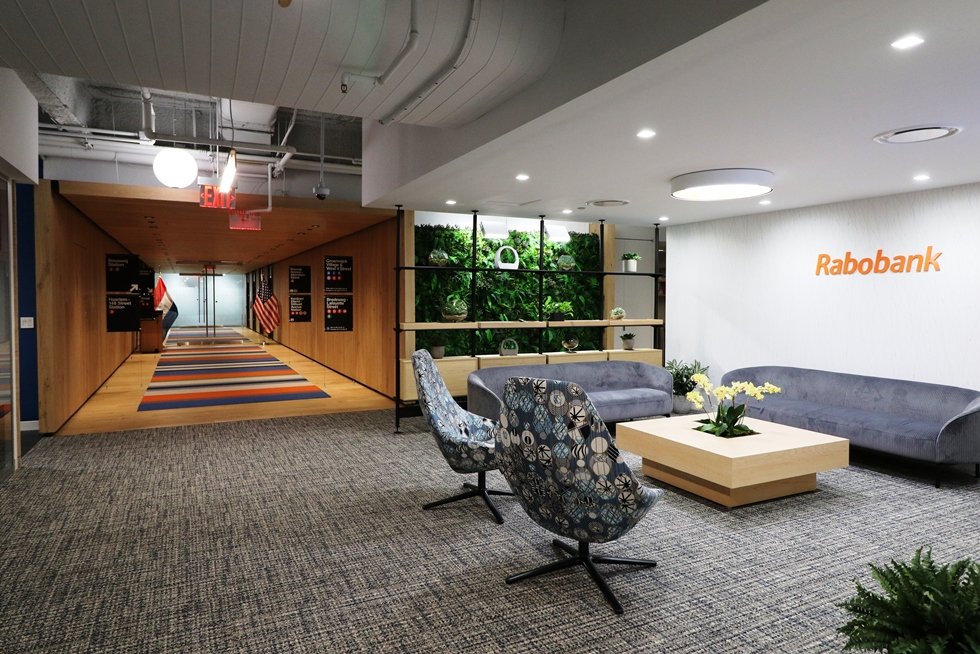 The reception area features a biophilic 'green' wall in addition to comfortable seating for an informal conversation prior to convening a meeting. 